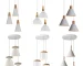 Modern pendant light with three white wood-aluminum shades hanging over a dining table