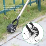 Goldoma garden tool with sharp blade, placed next to a pile of trimmed grass clippings.