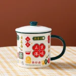 Retro ceramic mug with cover in Hong Kong style, featuring nostalgic design and vibrant colors