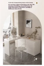 Modern LED vanity desk with mirror and stool in bedroom setting