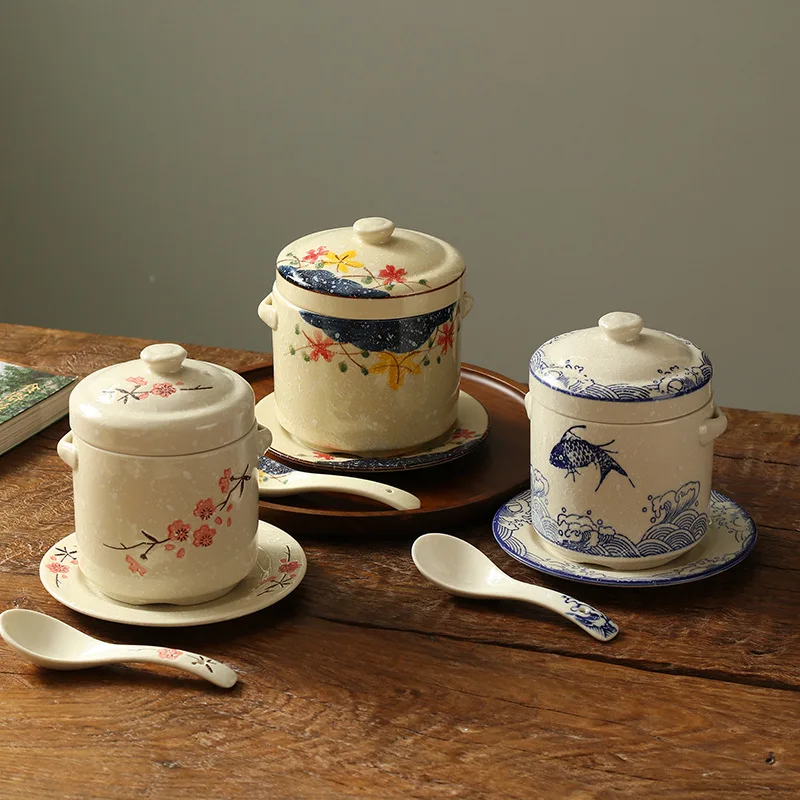 Ceramic Stew Pot Japan Plum Blossom Stew Bowl Double Lid Stewed Bird's Nest Steamed Egg Double Handle Egg Cup Kitchen