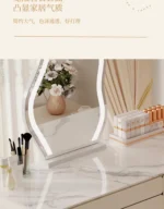 Modern wooden makeup vanity table with mirror and matching stool, featuring a storage drawer for organization