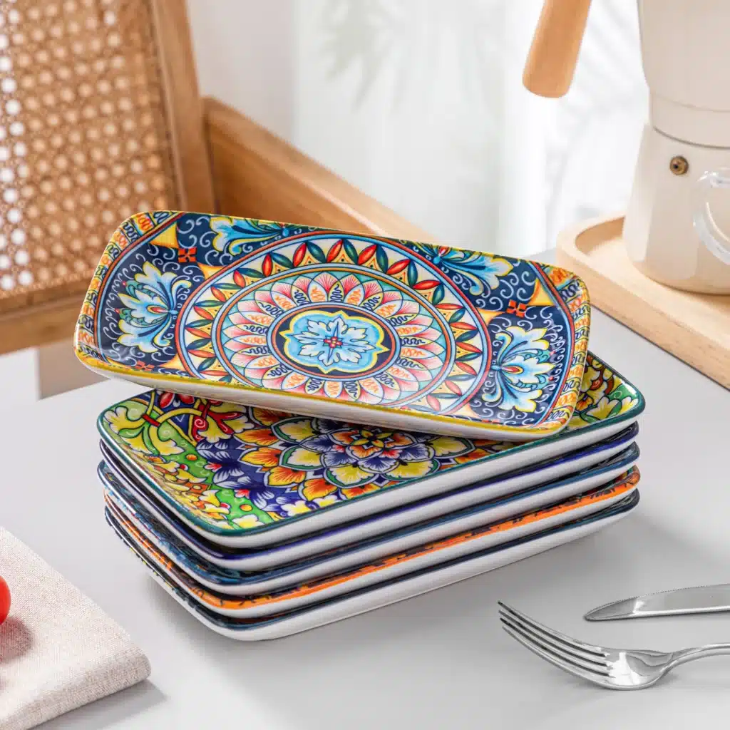 vancasso 6/12 Piece Porcelain Rectangular Serving Plates Bohemian 8.5inch Dinner Plates Set for Beef/Food/Noodles/Pasta 6