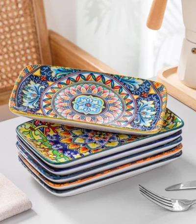 vancasso 6/12 Piece Porcelain Rectangular Serving Plates Bohemian 8.5inch Dinner Plates Set for Beef/Food/Noodles/Pasta 6