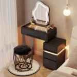 Luxury modern dressing table with mirror and stool in bedroom setting featuring compact vanity with drawers