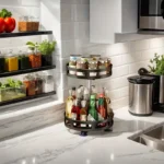 3-tier rotating spice rack filled with spice jars on a kitchen counter, 360-degree view