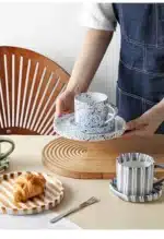 Simple Striped Ceramic Teacup Hotel Café Porcelain Coffee Cup 280ml Office Mug Breakfast Bread Dessert Mug Gift Table