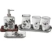Chinese ceramic toothbrush holder with blue floral pattern, standing on a white bathroom counter.
