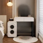 Modern white wood dressing table with mirror and three drawers in bedroom setting