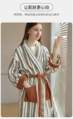 Color Matching Cotton Bathrobe Striped CottonYarn Bathrobes Soft Cozy Absorbent Bath Towel Robes V Neck Hooded Loose
