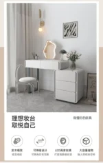 Modern makeup vanity table with mirror and storage drawer in bedroom setting