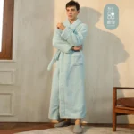 Men Plush Long Fleece Bathrobe Soft Terry Cloth Robe with Belt Multi-Color Cozy Loungewear for Unisex Warm Winter Sleep Robe
