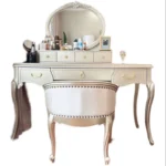 Nordic dressing table with mirror and stool in white solid wood finish