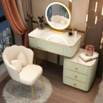 French white wooden dressing table with mirror and stool in a modern bedroom setting