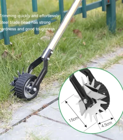 Goldoma manual lawn trimmer with sharp stainless steel blade, angled for precise cutting on green grass.