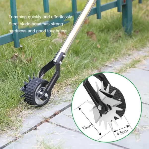 Goldoma manual lawn trimmer with sharp stainless steel blade, angled for precise cutting on green grass.