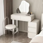 Modern minimalist vanity table with mirror and stool, wood construction, bedroom furniture
