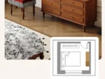 Minimalist oak wood dressing table with mirror, stool, and six drawers in a modern bedroom setting