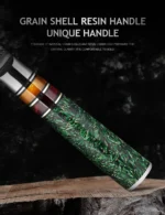 Damascus kitchen knife set with 8 knives displayed on a wooden cutting board