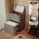 Wooden makeup vanity with mirror and stool in a modern bedroom setting