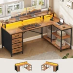 L Shaped Desk with 4 Drawers and Storage Shelves, L Shaped Gaming Desk with LED Lights amp Power Outlets, Computer Desk with Sh