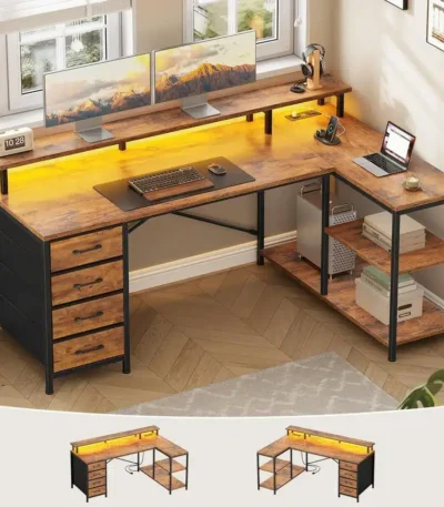 L Shaped Desk with 4 Drawers and Storage Shelves, L Shaped Gaming Desk with LED Lights amp Power Outlets, Computer Desk with