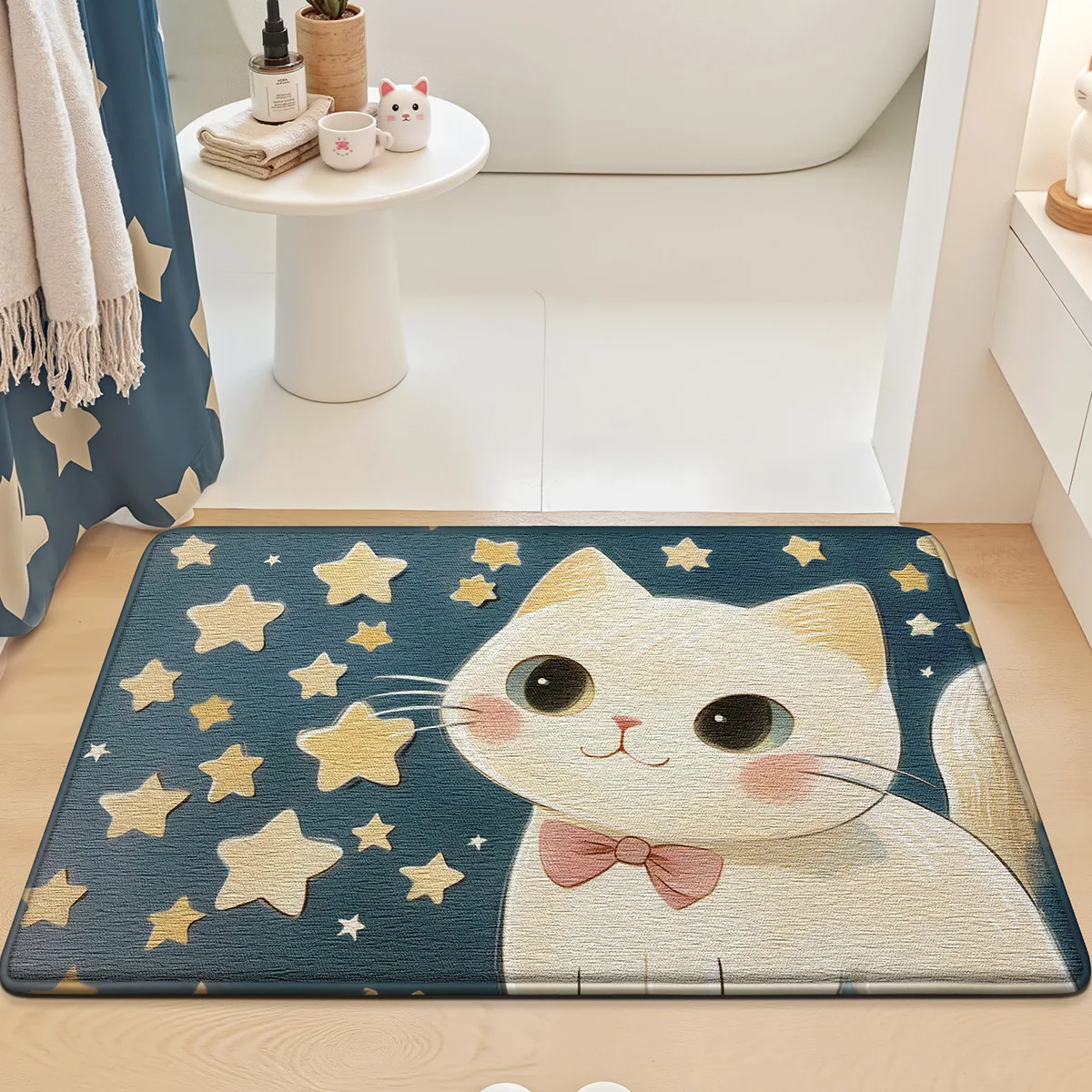Adorable Cartoon Cat Bath Mat - Soft Cotton Velvet with Memory Foam Feel | Ultra Absorbent &amp; Quick Dry | Non-Slip Bathroom Rug