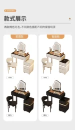 Luxury modern dressing table with mirror and stool in bedroom setting featuring compact vanity with drawers
