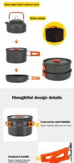 Aluminum Outdoor Camping Cookware Set, With Mesh Bag Folding Cookset Camping Kitchen Cooking Teapot and Pans Equipment