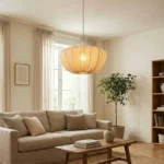 Wabi sabi pendant light hanging over a wooden dining table in a cozy room
