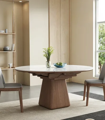 Slate extendable round dining table in modern style, perfect for family dining rooms