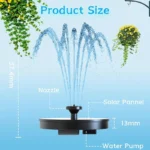 Outdoor bird bath fountain with solar panel and water spray in a garden