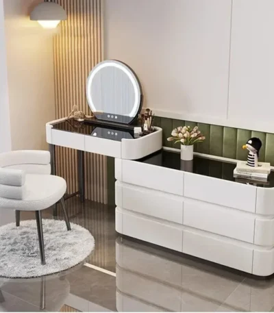 Modern dressing table with mirror and stool in bedroom setting