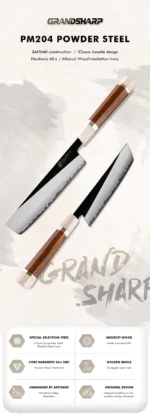 Professional nakiri knife with PM204 steel core and Mkuruti wood handle on wooden cutting board