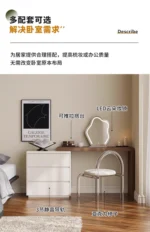 Modern vanity table with mirror and drawers in a bedroom setting