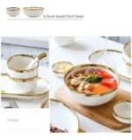 Nordic Style Gold Inlay Bright White Porcelain Dinner Sets Ceramic Bowl Dish Plates Set Porcelain Dinnerware For Household