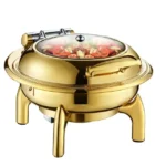 Elegant gold chafing dish set with glass lid window and hydraulic soft-close mechanism