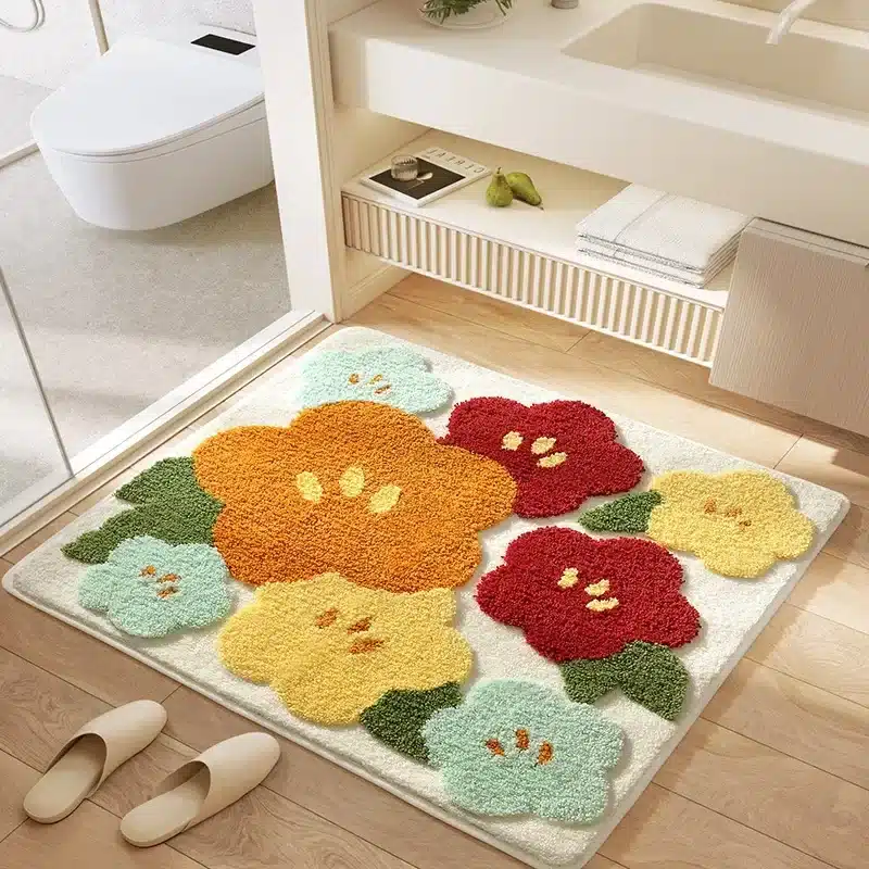 Square Floral Bath Mat, Ultra Plush Absorbent Bathroom Rug, Non-Slip Backing & Soft Touch Surface, Floor Mats for