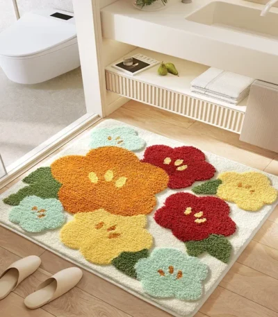 Square Floral Bath Mat, Ultra Plush Absorbent Bathroom Rug, Non-Slip Backing & Soft Touch Surface, Floor Mats for