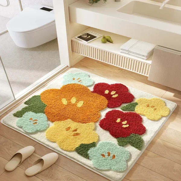 Square Floral Bath Mat, Ultra Plush Absorbent Bathroom Rug, Non-Slip Backing & Soft Touch Surface, Floor Mats for