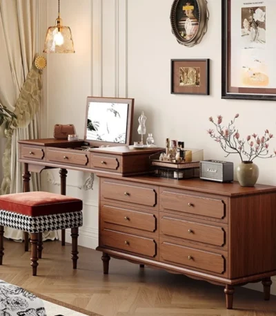 Minimalist oak wood dressing table with mirror, stool, and six drawers in a modern bedroom setting