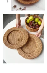 13 inch Handmade Natural Rattan Plate Decorative round placemat Bread Snack Serving Tray INS Table Decor – angled view