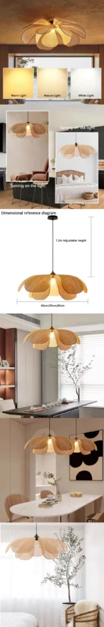 Handwoven rattan ceiling light in a modern dining room setting