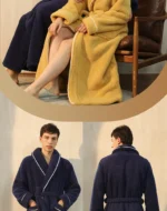 Men Plush Long Fleece Bathrobe Soft Terry Cloth Robe with Belt Multi-Color Cozy Loungewear for Unisex Warm Winter Sleep Robe