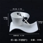 White porcelain espresso cup with wavy design on saucer, modern home decor