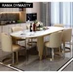 Modern oval marble dining table with gold stainless steel legs seating 6-8 people - Goldoma