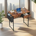 JHK Modern Office Computer Desk 32 Inch with Fabric Storage Drawers Space Side Bag Metal Frame Adjustable Feet For Home PC
