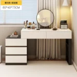 Modern wooden dressing table with mirror and 5 drawers – makeup vanity desk with LED lights and stool in bedroom setting