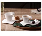 White porcelain espresso cup with wavy design on saucer, modern home decor