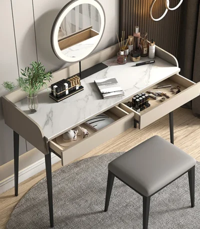 Goldoma modern minimalist dresser with stone desktop and two drawers, including a matching stool for bedroom use